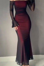 Burgundy Long Sleeves Off Shoulder Midi Dress