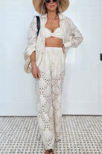 Beige Crochet Lace Button Down Shirt and Trousers Two-Piece Suits