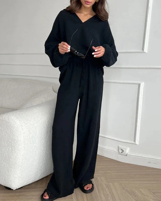 Long Sleeve Top and Drawstring Pants Crepe Two Piece Set