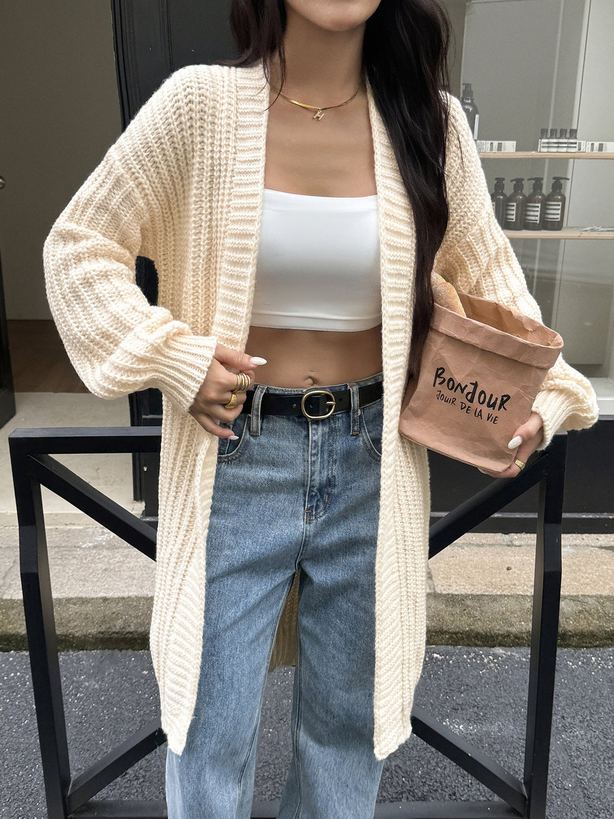 Oversized Ribbed Knit Long Cardigan