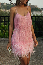 Sequin Fringed Feather-Hemline Mini Slip Dress