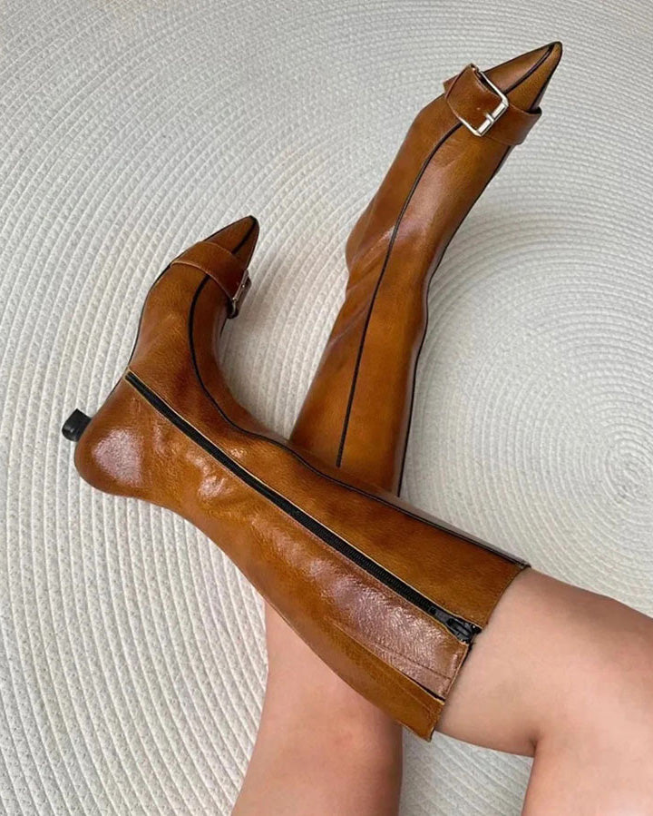 Leather Pointed Toe Side Zipper Boots