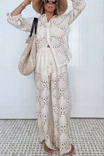 Beige Crochet Lace Button Down Shirt and Trousers Two-Piece Suits
