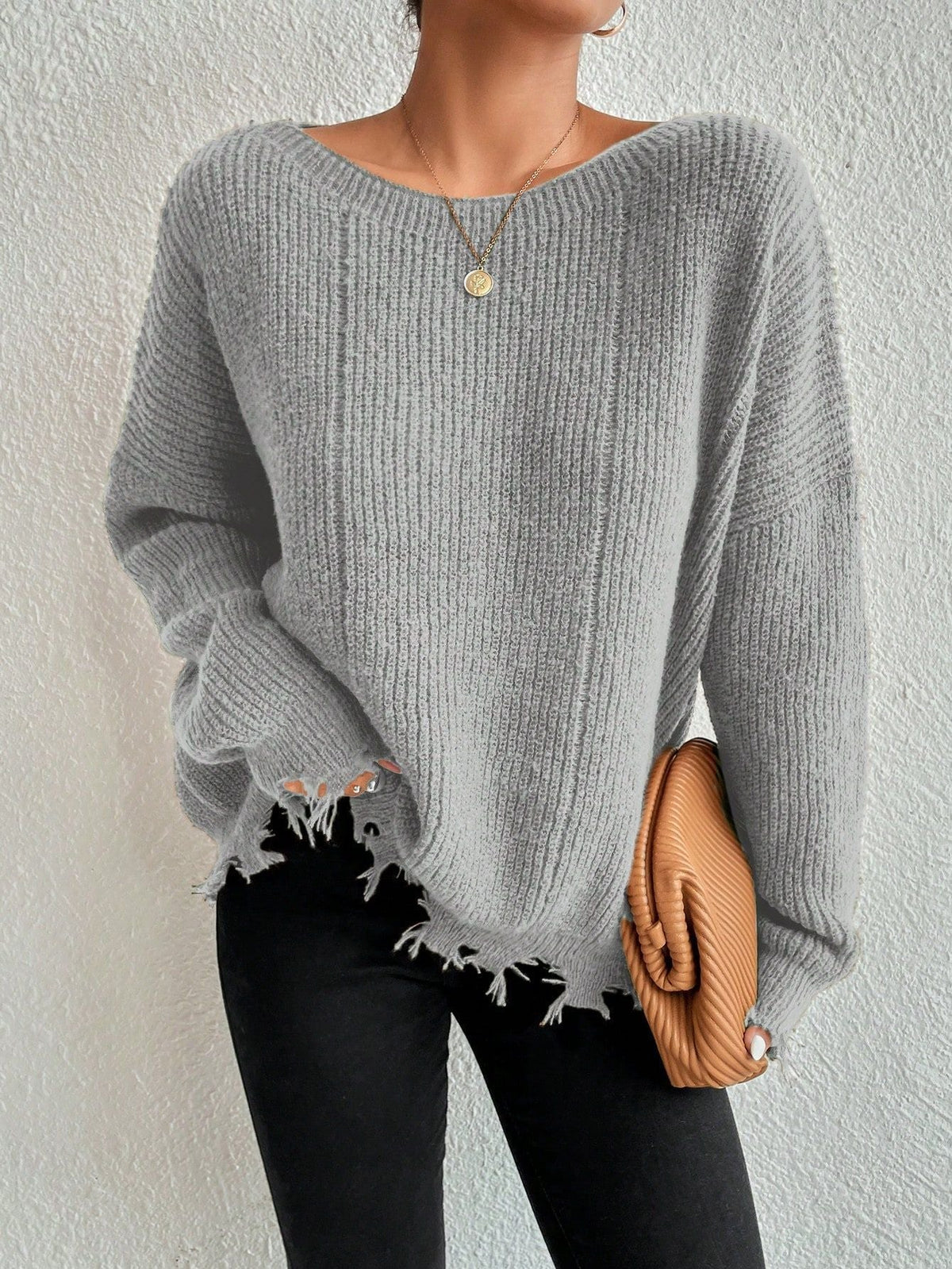 Solid Ripped Bottom Hemline Knit Sweater