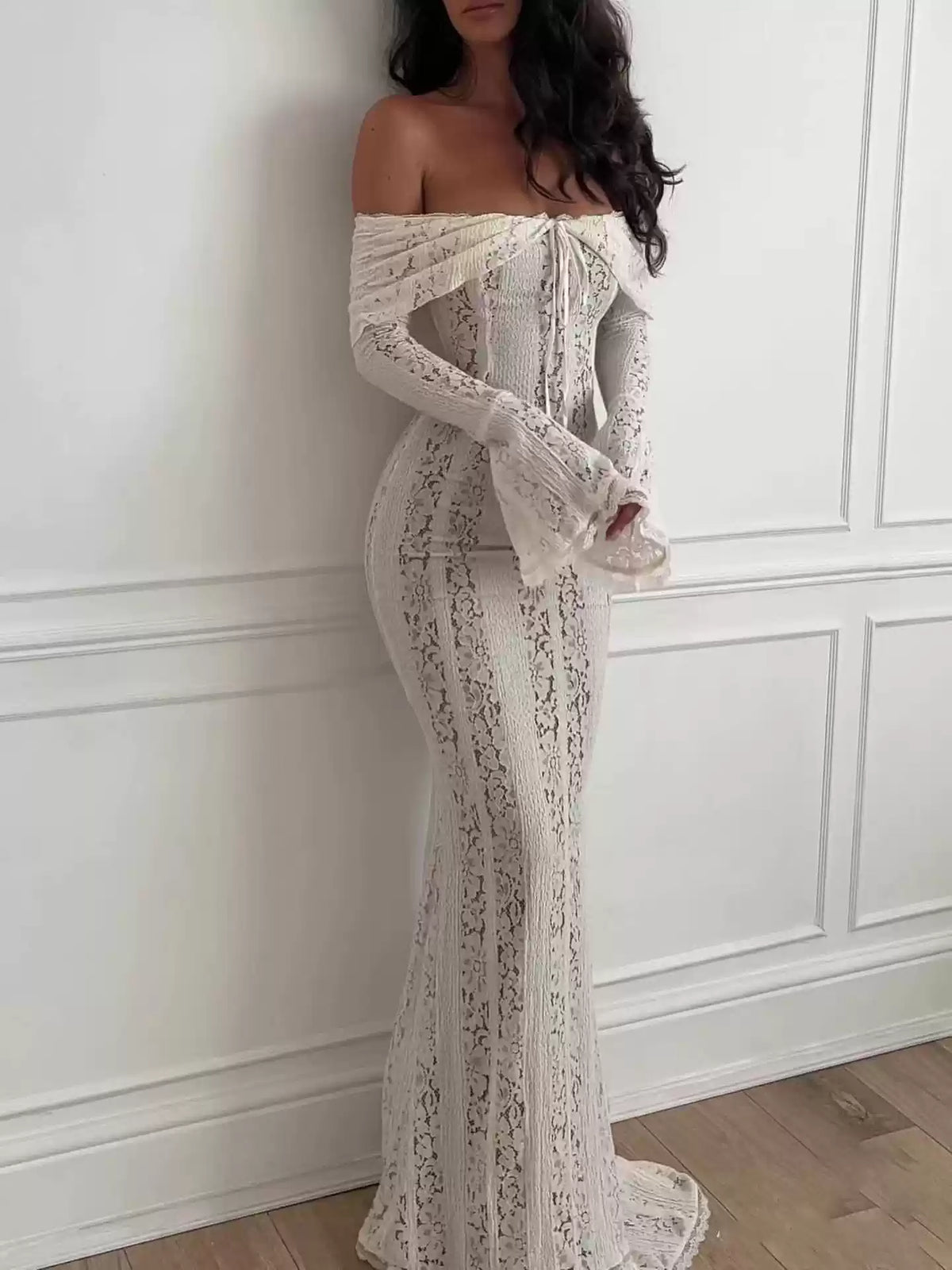 White Off-Shoulder Crochet Lace Midi Dress