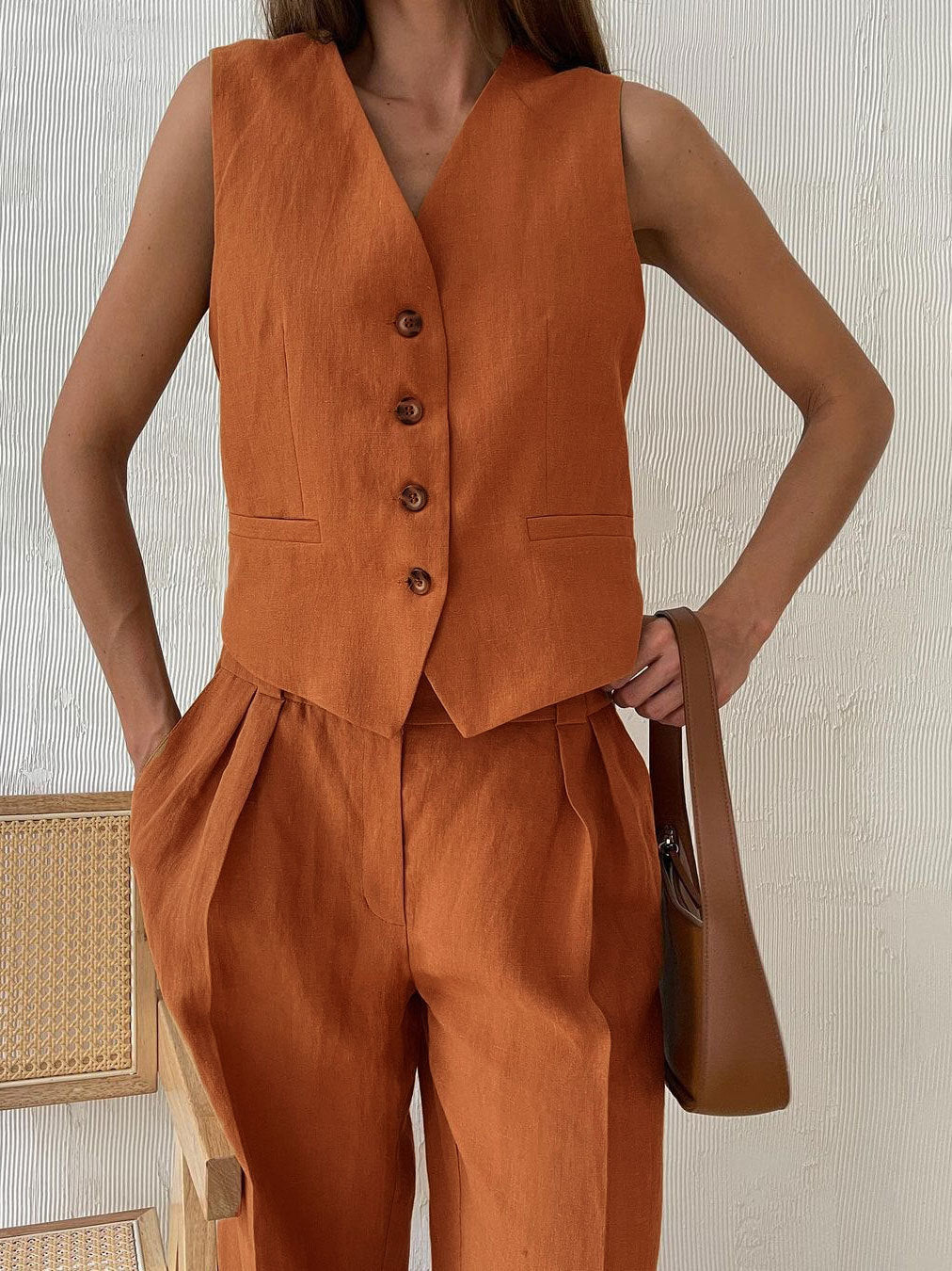 Comfortable Sleeveless Vest and Pants Linen Two Piece Suits