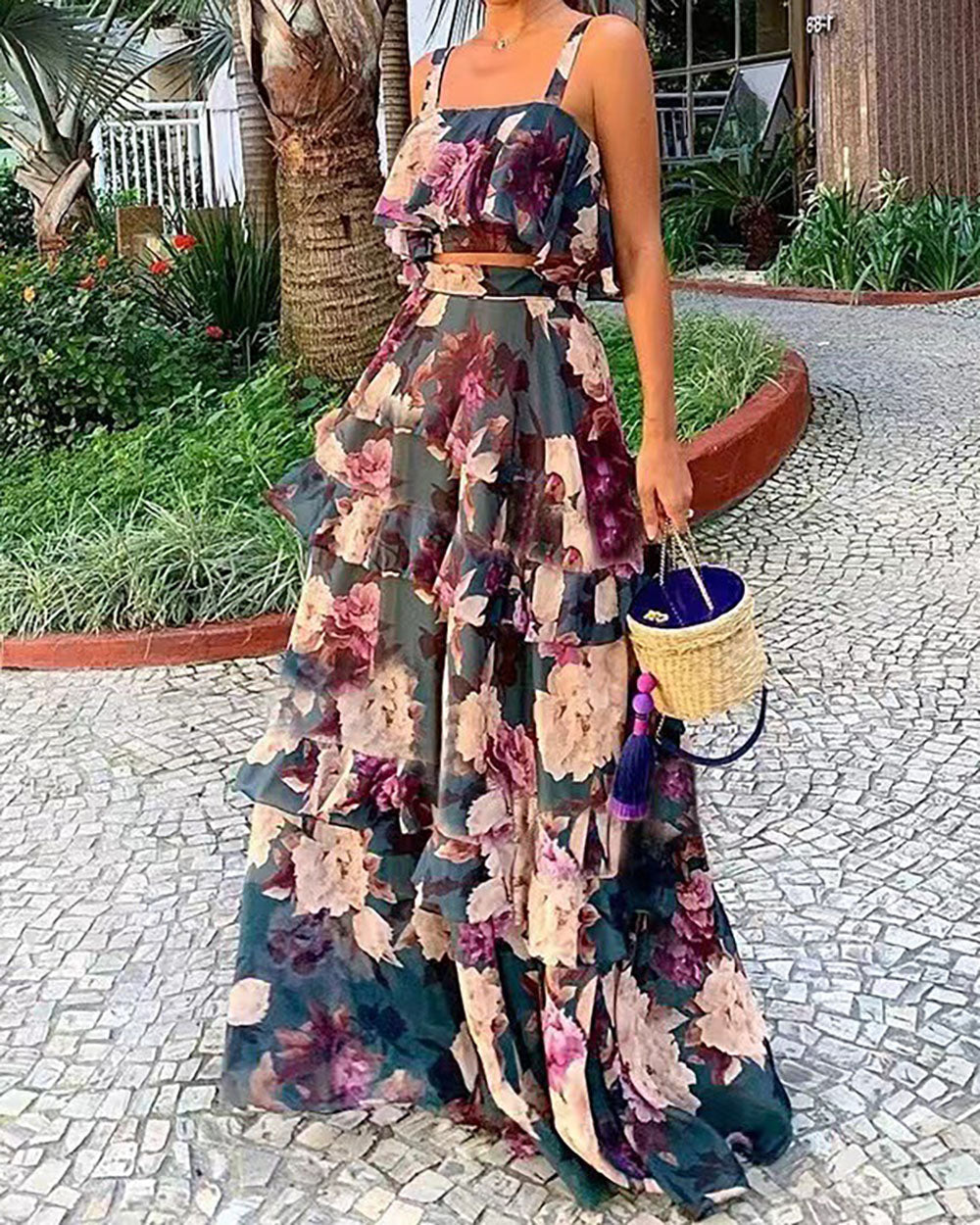 Navy Floral Crop Top and Layered Skirt Two-Piece Set