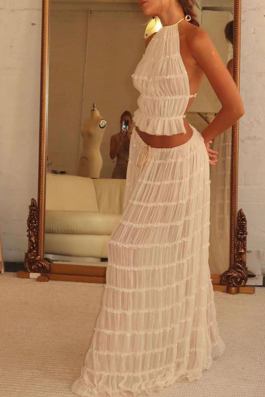 Ruched Textured Tank Top and Maxi Skirt Two Piece Suit