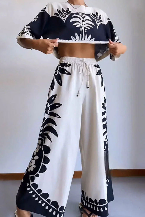Tropical Print Crop Top and Wide Leg Pants Two Piece Set
