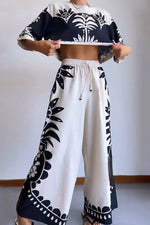 Tropical Print Crop Top and Wide Leg Pants Two Piece Set