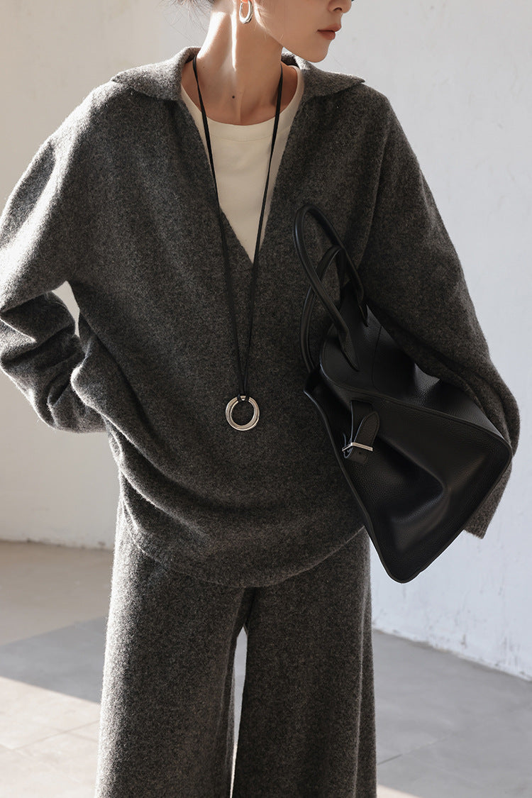 Thermal V-neck Knit Sweater and Pants Two-Piece Set