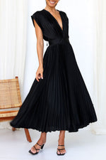 Satin Pleated V-Neck Midi Dress