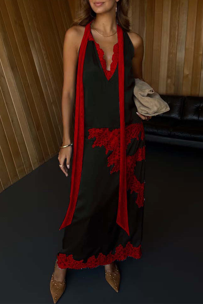 Satin Paneled Lace Sleeveless Top and Skirt Two-Piece Set
