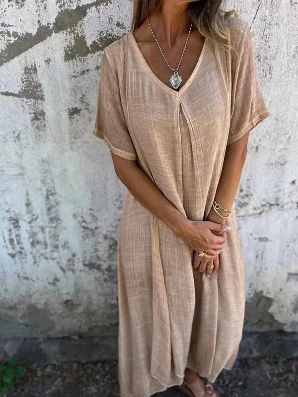 Comfy Short Sleeve Linen Midi Dress