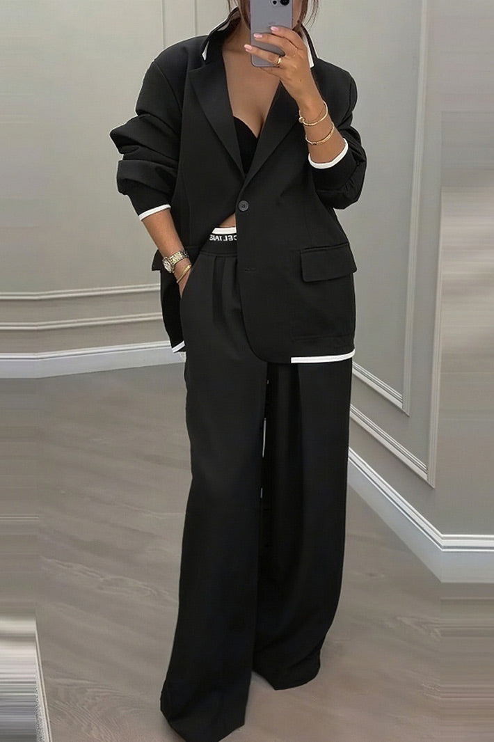 Solid Stylish Blazer and Wide-Leg Pants Two Piece Set