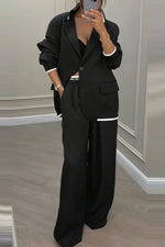 Solid Stylish Blazer and Wide-Leg Pants Two Piece Set