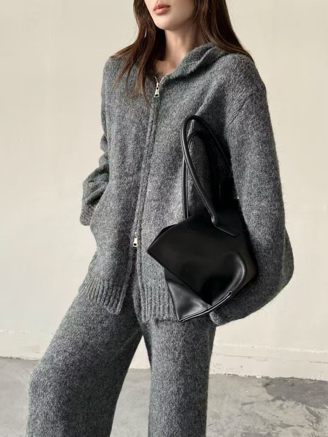 Thermal Hooded Cardigan and Pants Knit Two-Piece Set