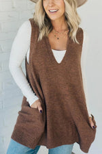 V-neck Pocket Knitted Vest Sleeveless Sweater
