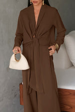 Long-sleeved Front-Tie Top and Pants Two Piece Set