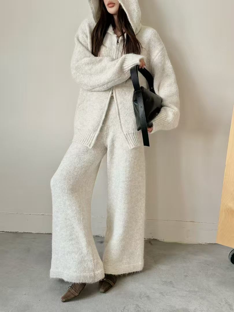 Thermal Hooded Cardigan and Pants Knit Two-Piece Set