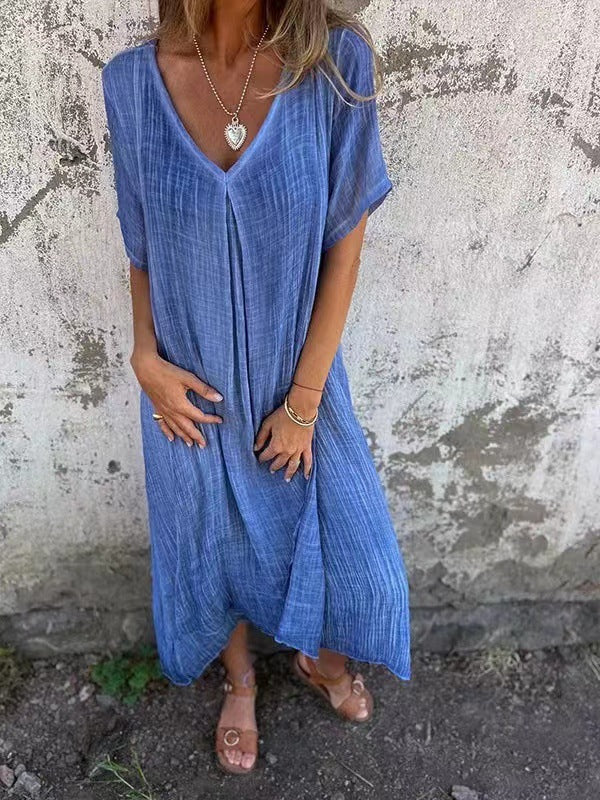 Comfy Short Sleeve Linen Midi Dress
