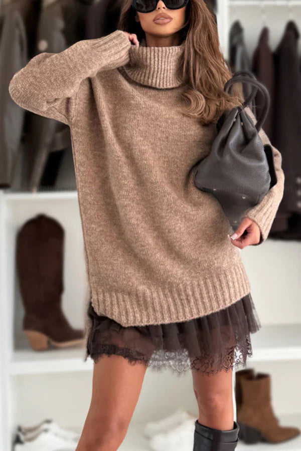 Slouchy Turtleneck Knit Sweater Dress