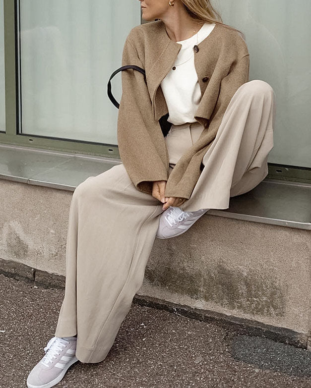 Brown Relaxed-fit Crop Wool Coat