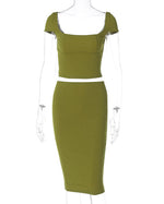 Elegant Green Crop Top and Midi Skirt Two Piece Suit