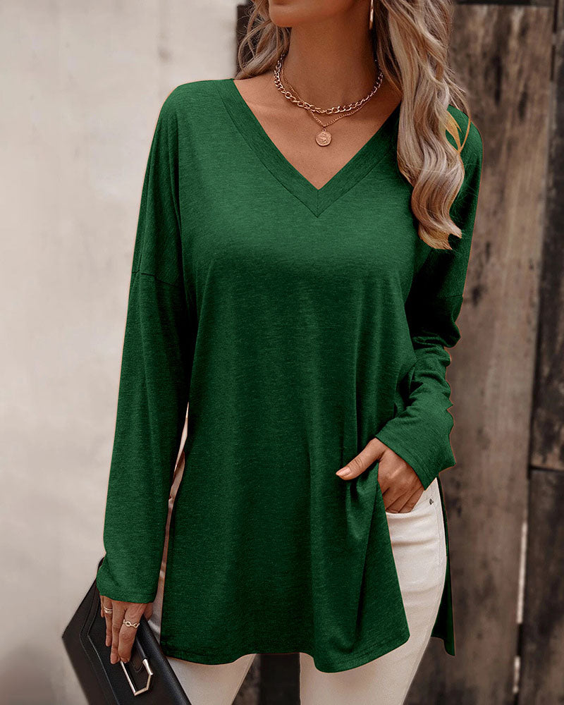Solid Long-sleeved Side Split T-shirt