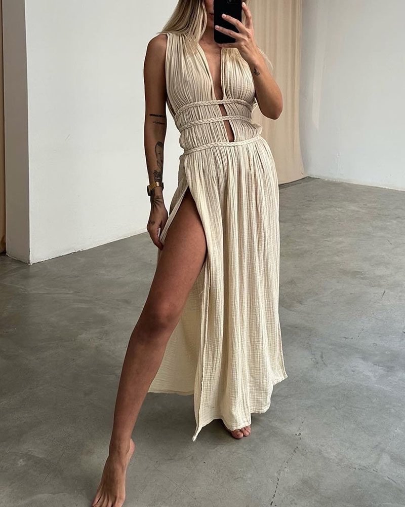 Pleated Linen Sleeveless Braided Trim Maxi Dress