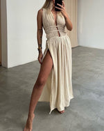 Pleated Linen Sleeveless Braided Trim Maxi Dress