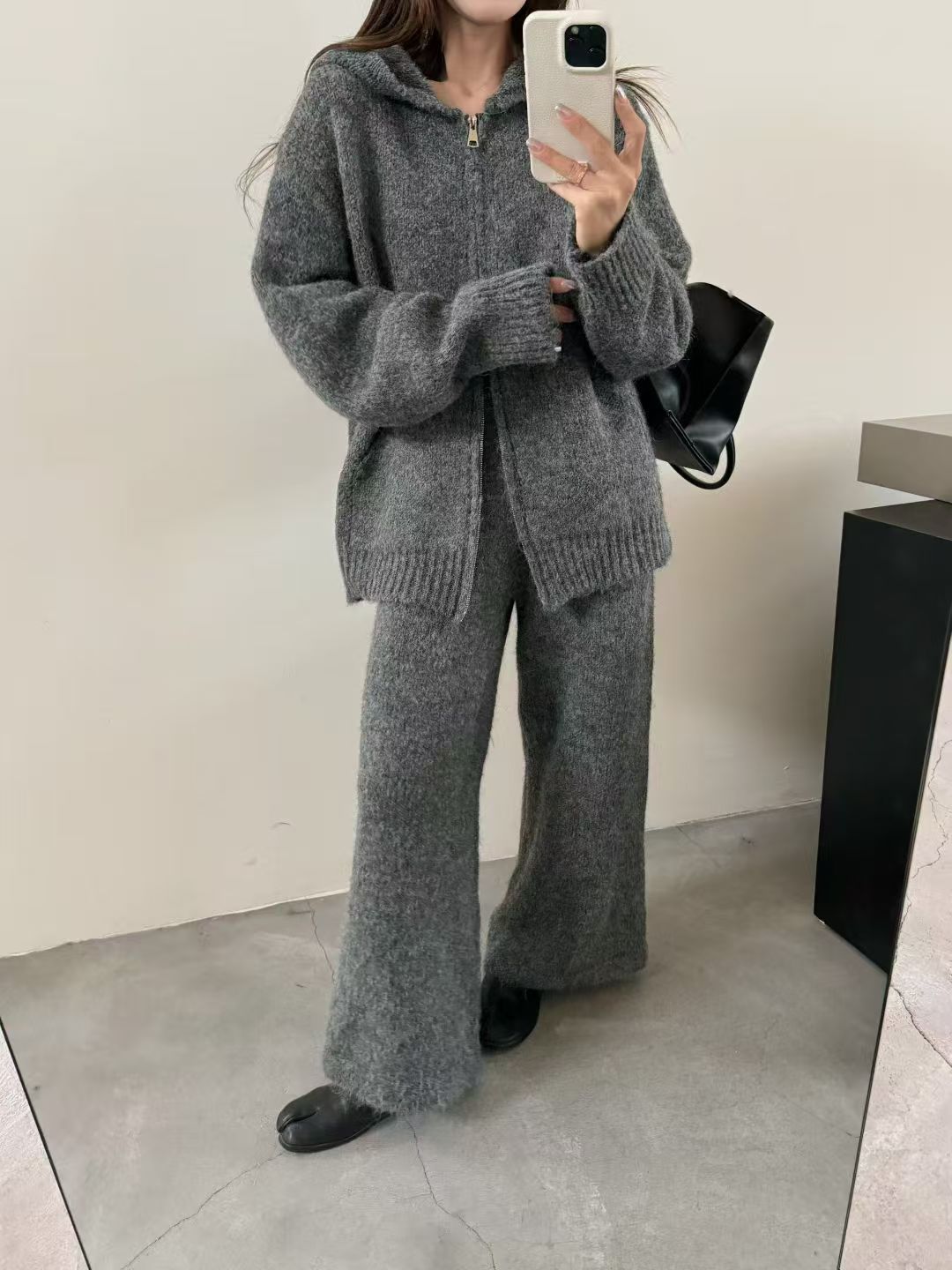 Thermal Hooded Cardigan and Pants Knit Two-Piece Set