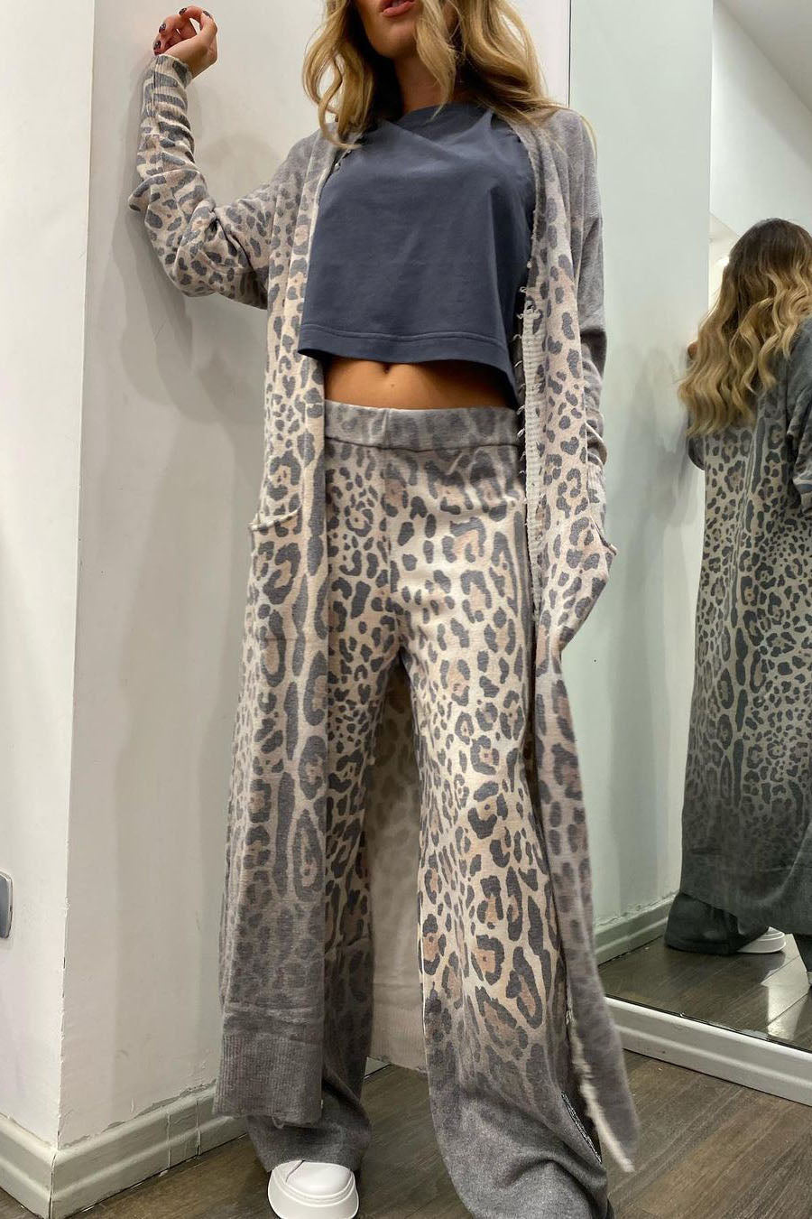 Leopard Print Long Sleeve Cardigan and Pants Two Piece Set