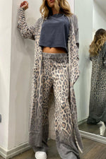 Leopard Print Long Sleeve Cardigan and Pants Two Piece Sets