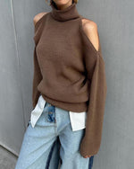 Brown Cold Shoulder Turtleneck Knit Sweater