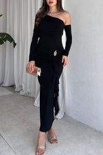 Formal Long-sleeved One Shoulder Slim Midi Dress