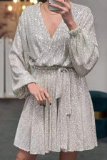 Sequin Long Sleeves Waist-Tie Mini Dress