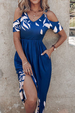 Navy Blue Floral Pleated Waist Midi Dress