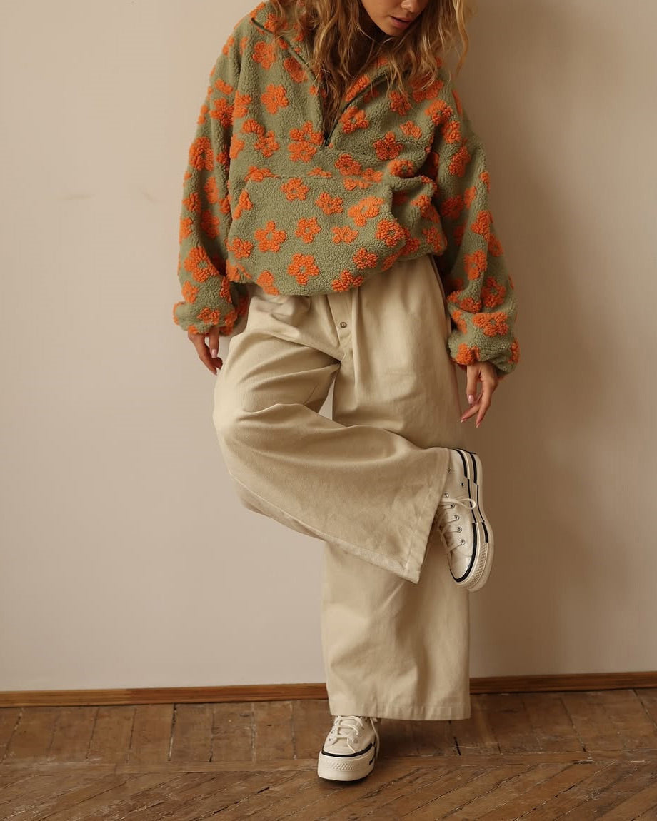 Sweet Floral Faux Sherpa Kangaroo Pocket Sweatshirt