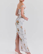 White Floral Off-Shoulder Bodycon Midi Dress