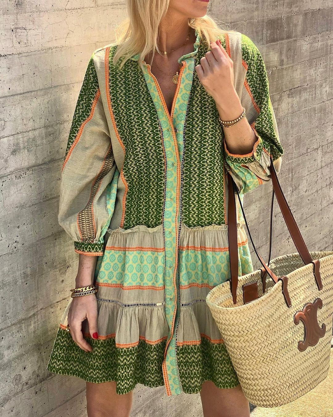 Green Tribal Print Shirt Mini Dress