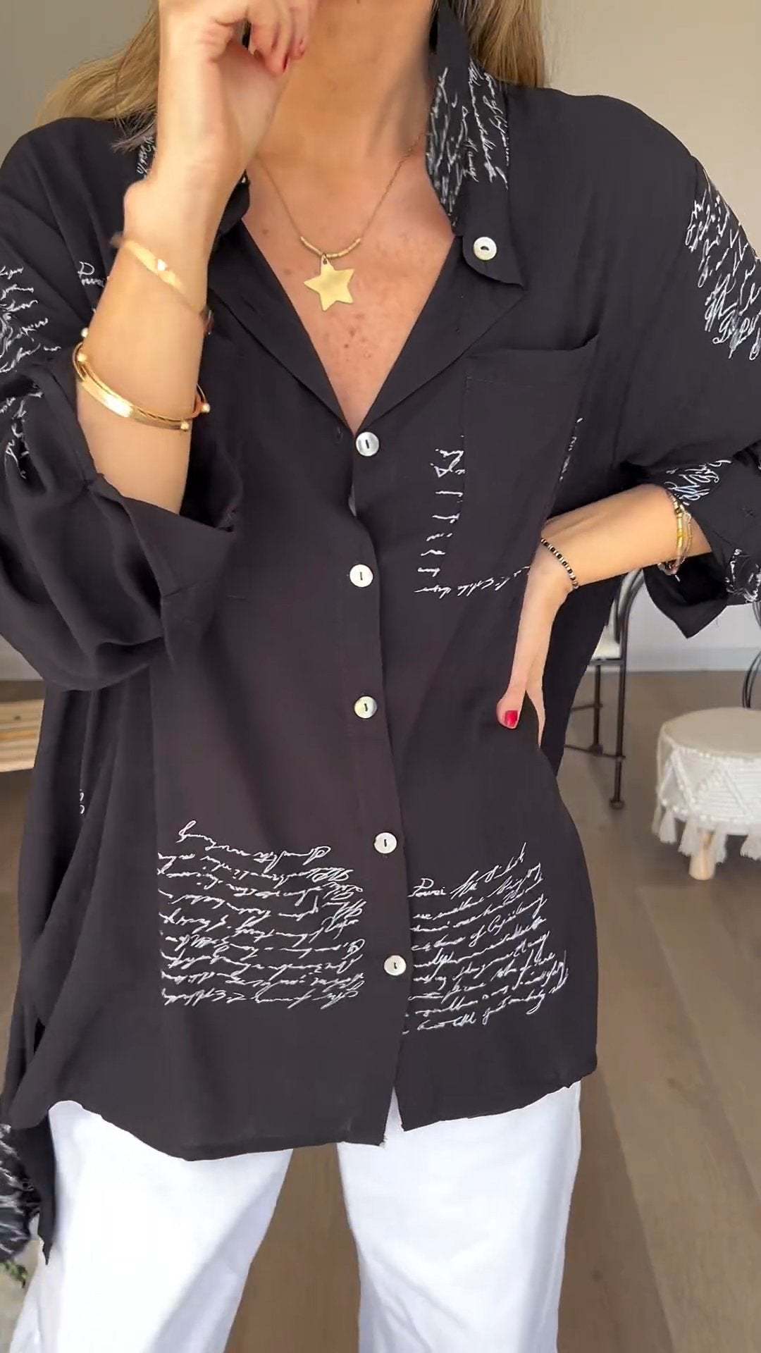 Long Letter Print Loose Shirt