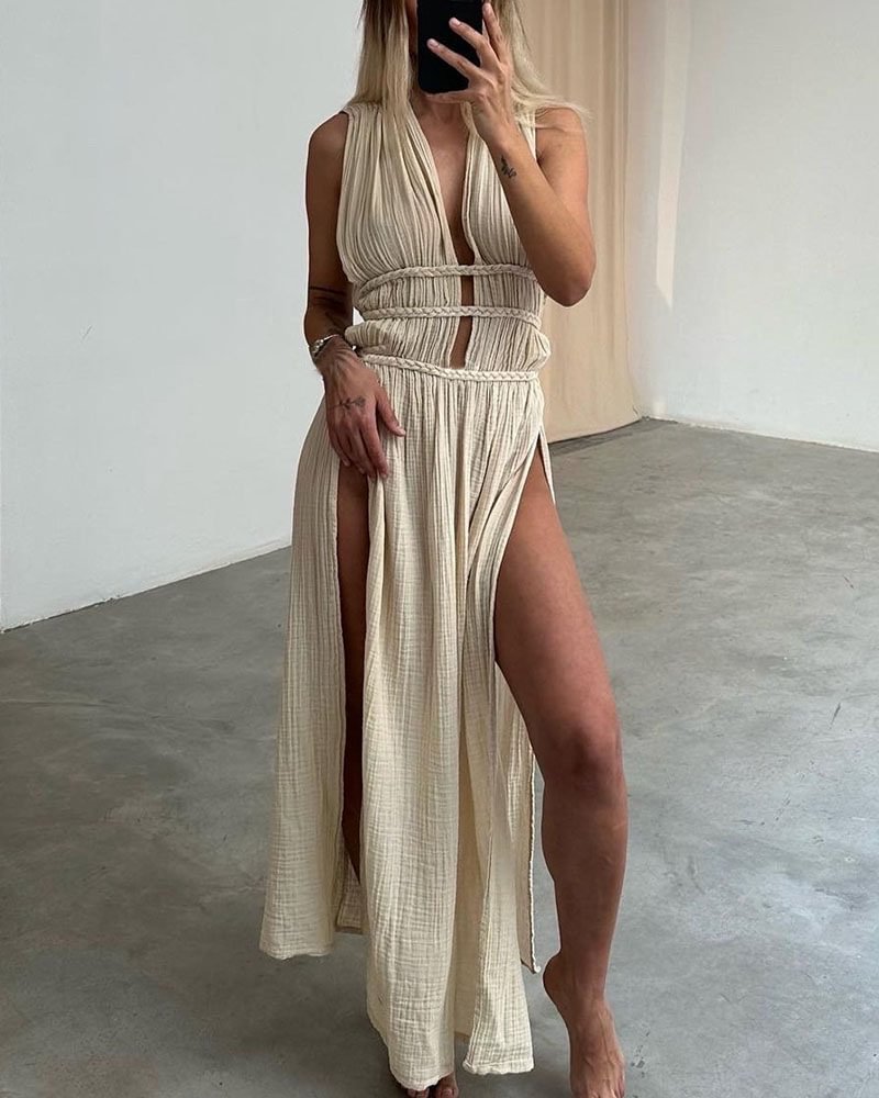 Pleated Linen Sleeveless Braided Trim Maxi Dress
