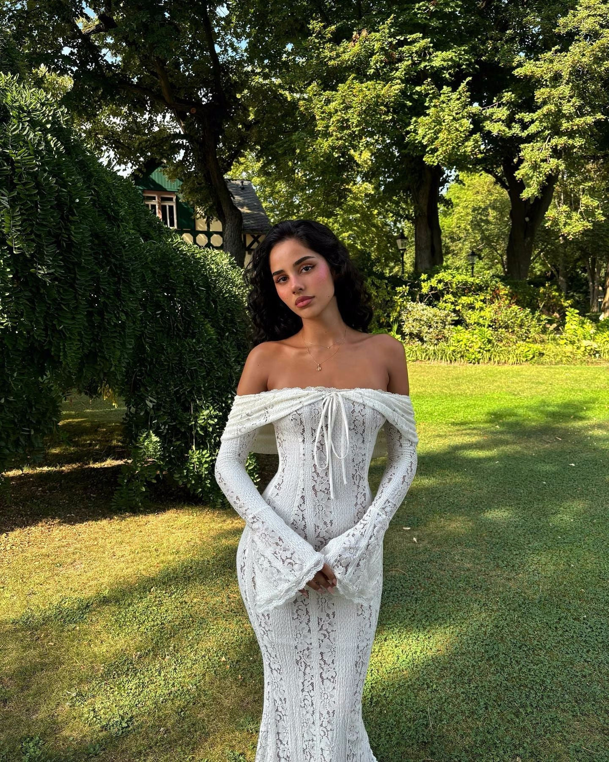 White Off-Shoulder Crochet Lace Midi Dress