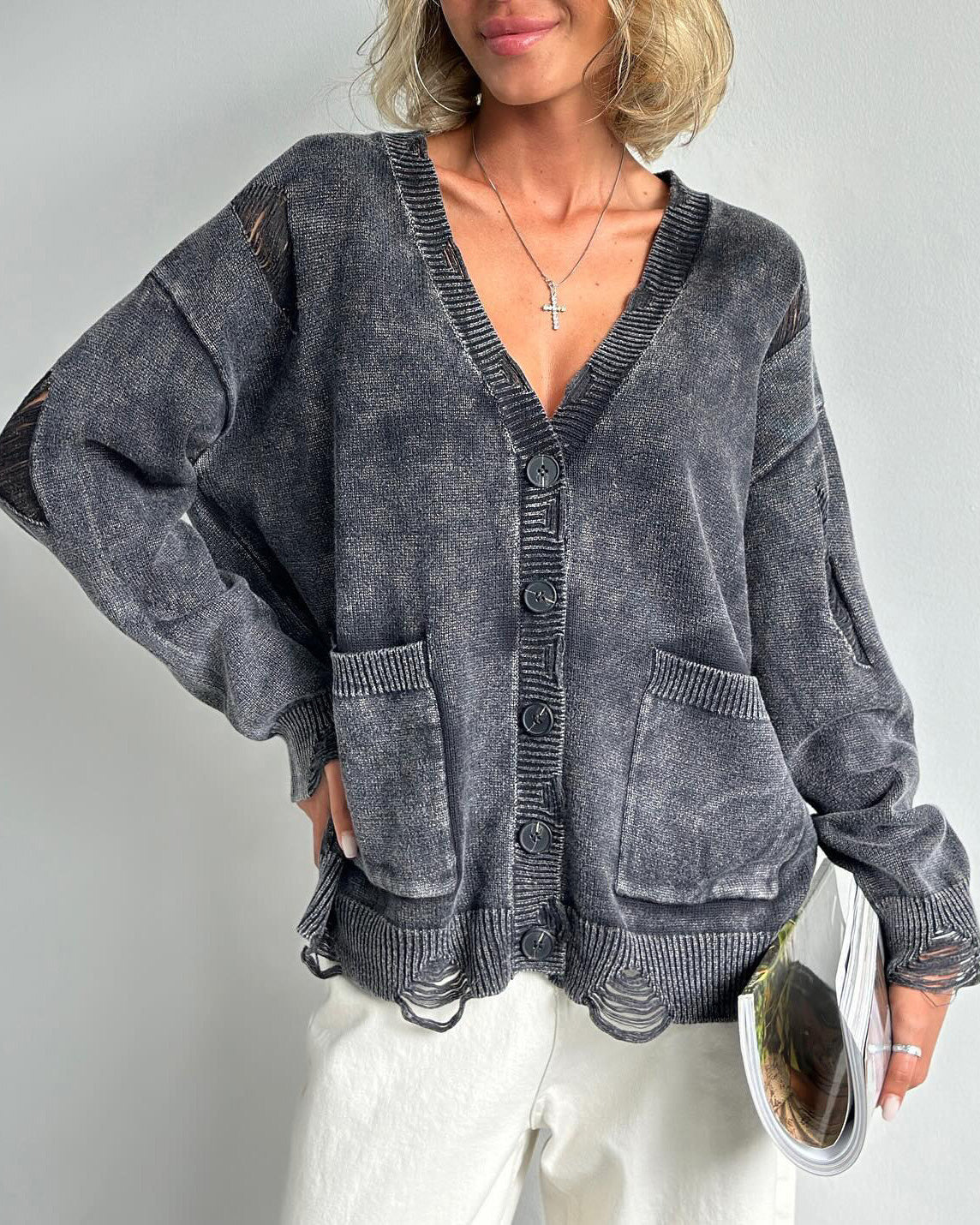 Distressed Front Button Down Cardigan