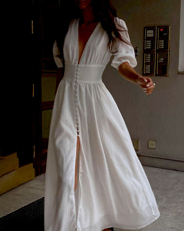 Elegant White Button Down Midi Dress