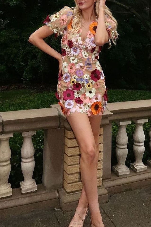 Red Embroidery Floral Bodycon Mini Dress