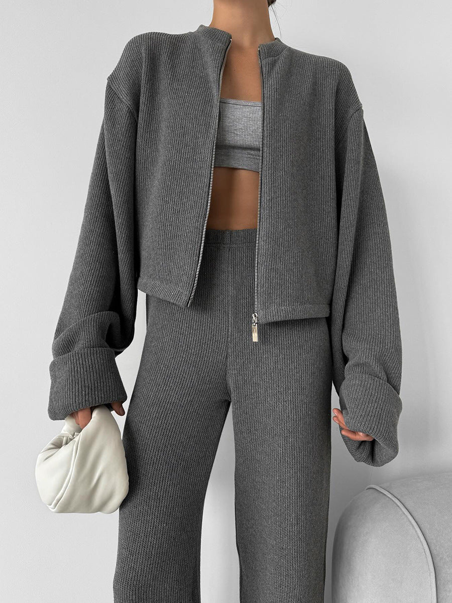 Ribbed Knit Zippered Jacket and Pants Two-Piece Suit