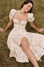 Pink Daisy Square Neckline Midi Dress