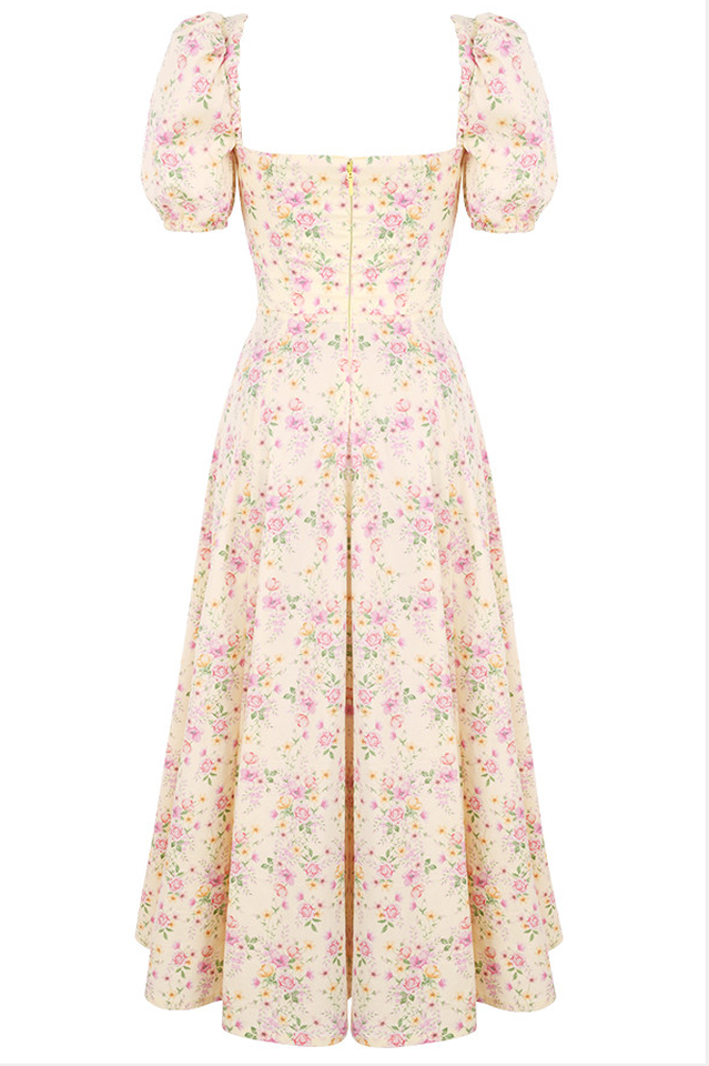 Pink Daisy Square Neckline Midi Dress